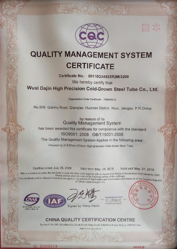Certificate of quality management system